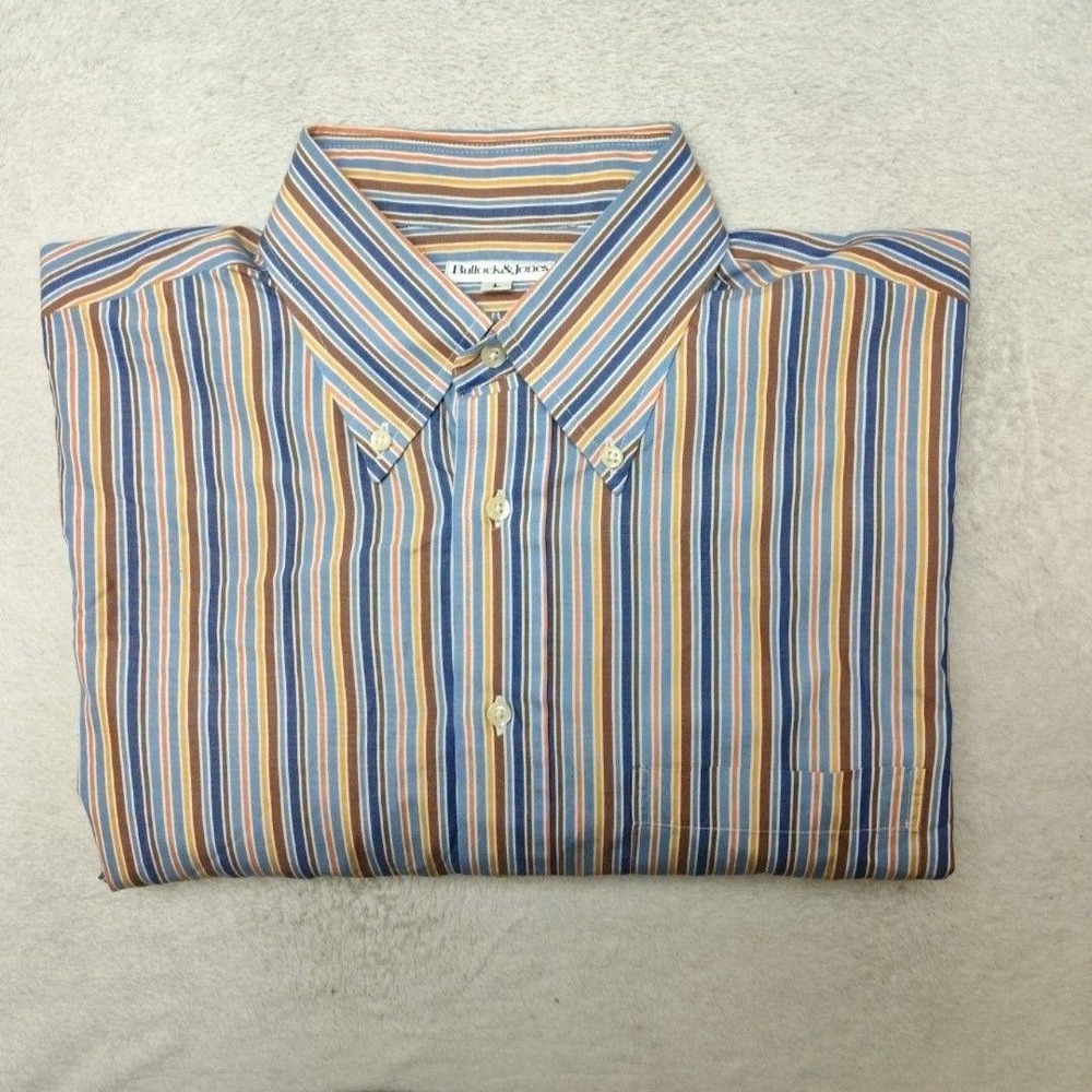 Bullock & Jones Shirt Mens L‎ Blue Striped Classic Button-Down Long Sleeve USA